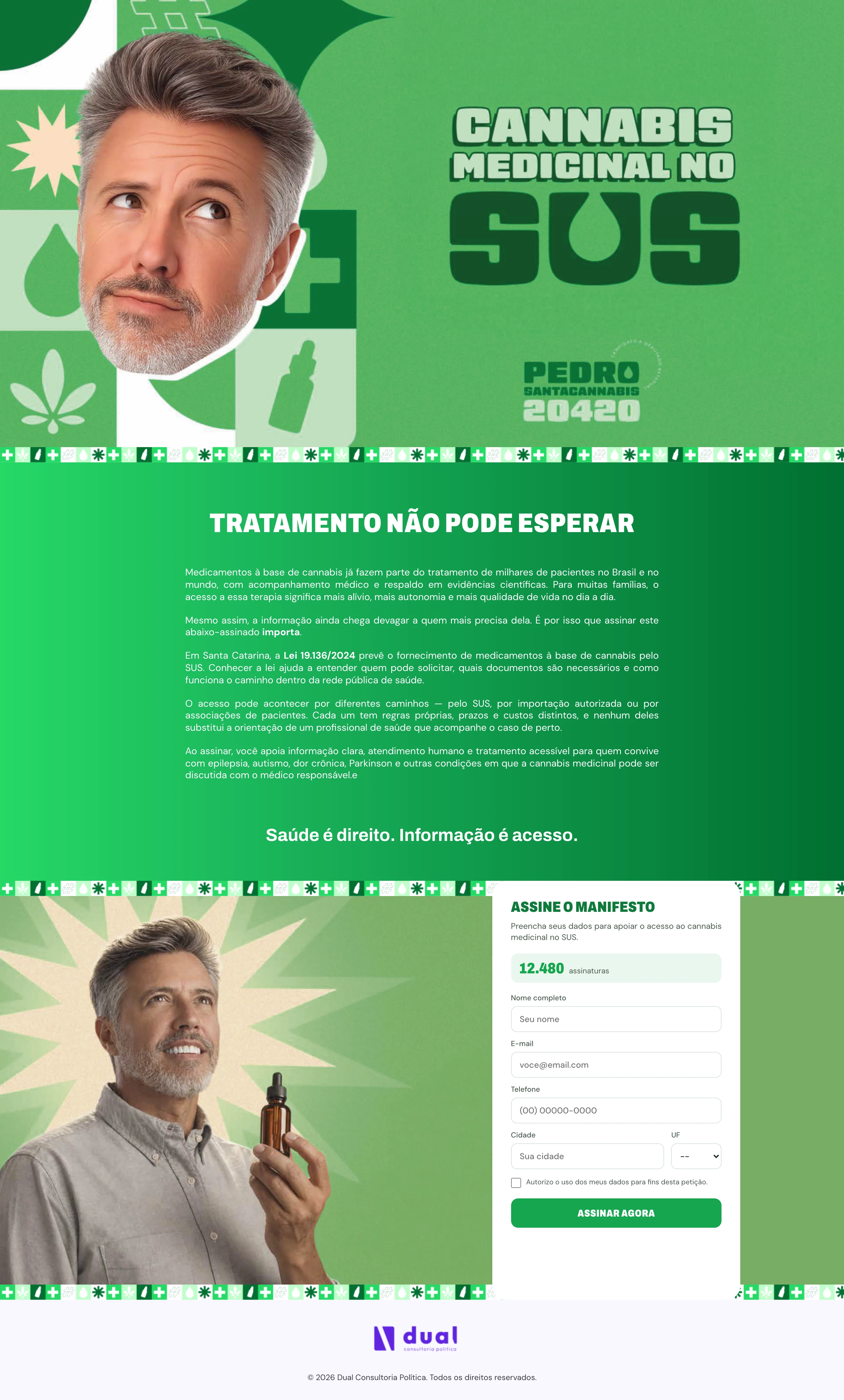 Landing page completa do abaixo-assinado Cannabis Medicinal no SUS, do topo ao rodapé