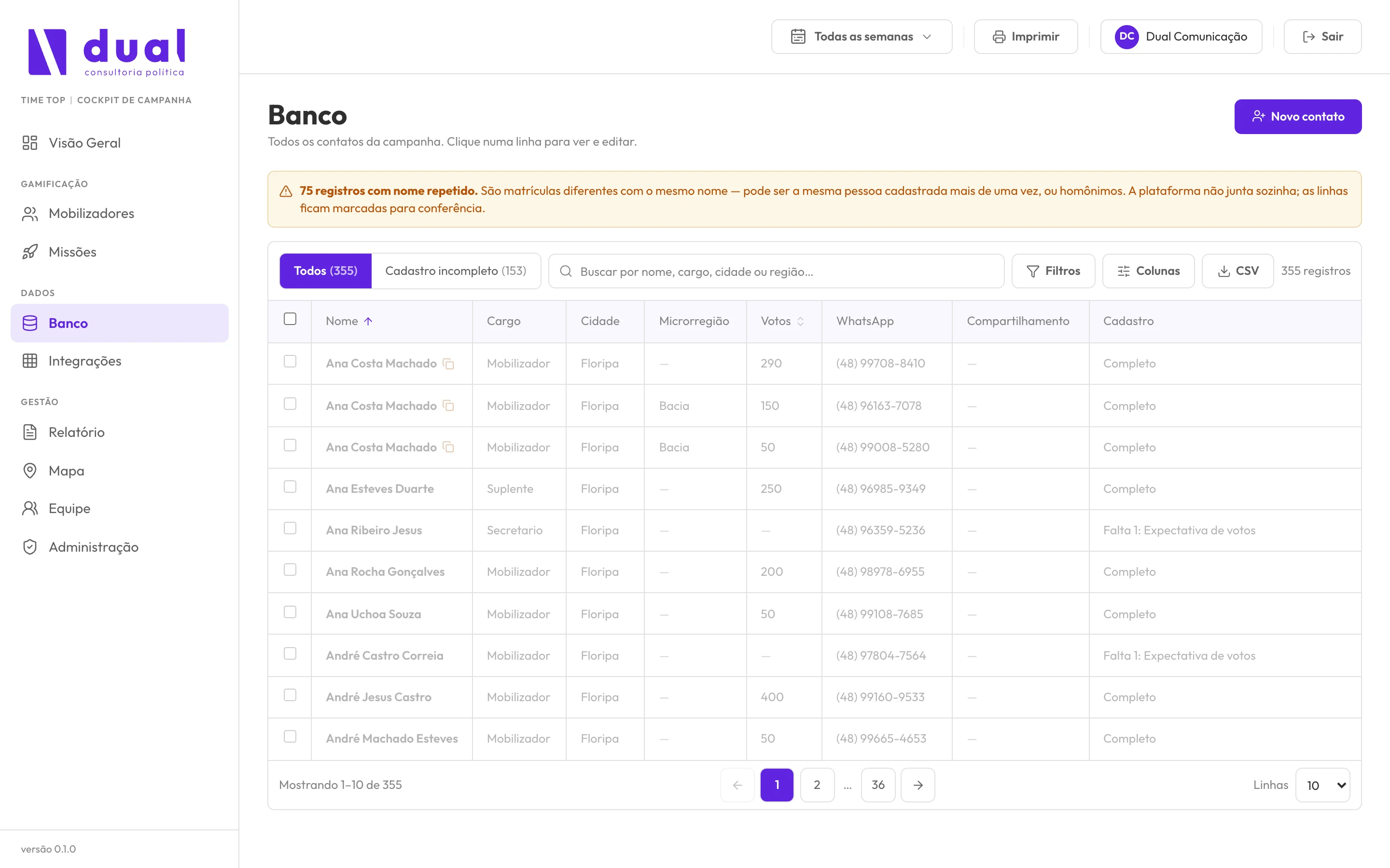 Banco de contatos com aviso de registros duplicados e tabela de pessoas